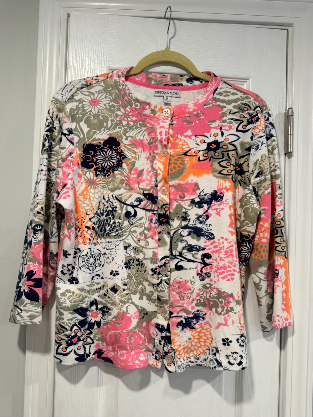 Rebecca Malone Size S Floral Button Front Cardigan Pink Orange Boho Cottagecore